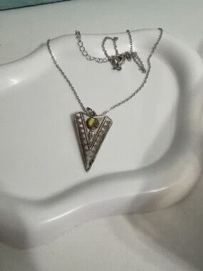 Silver-Tone Triangle Pendant Necklace with Green Accent